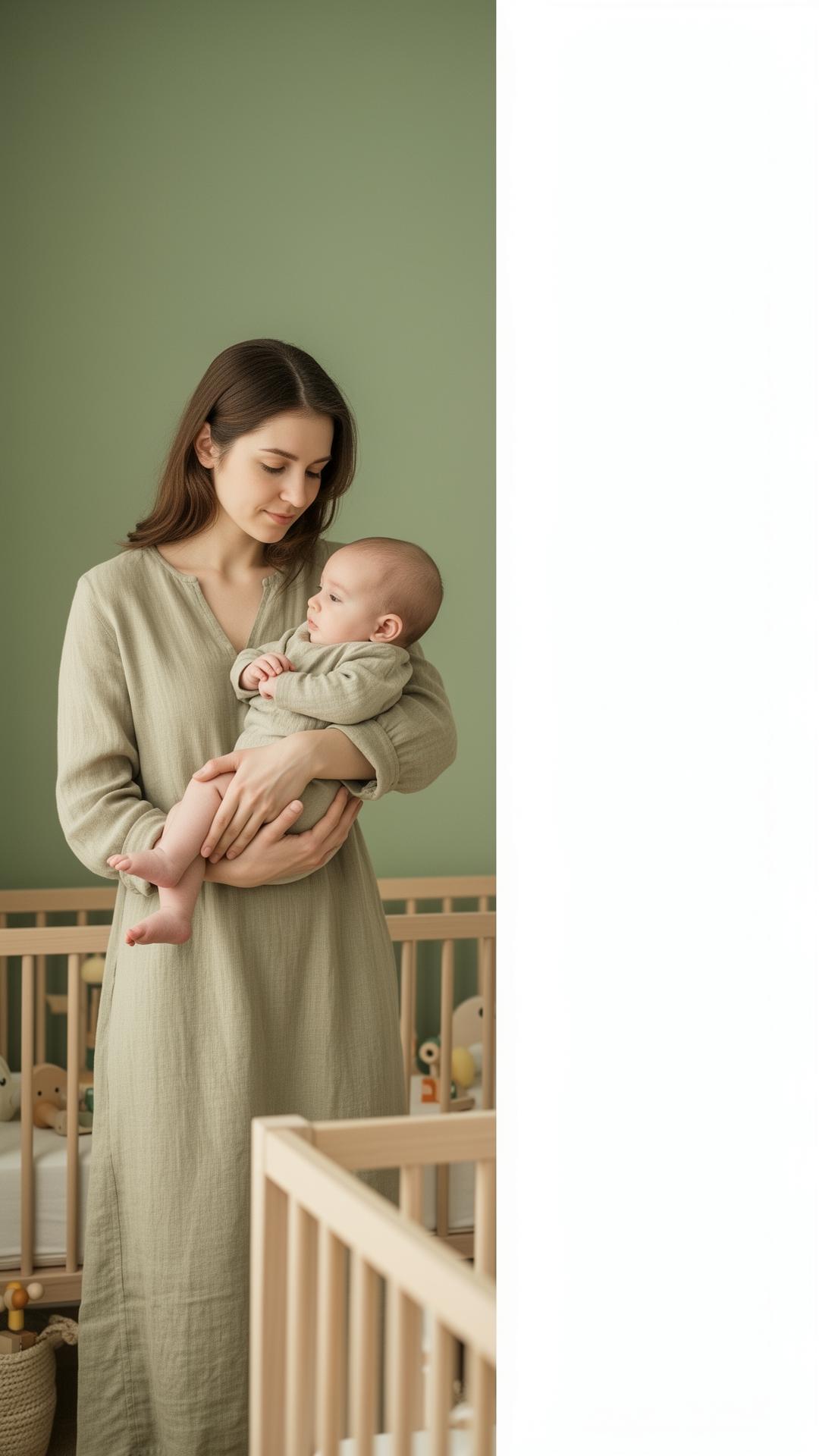Mother gently holding her baby in a sunlit nursery